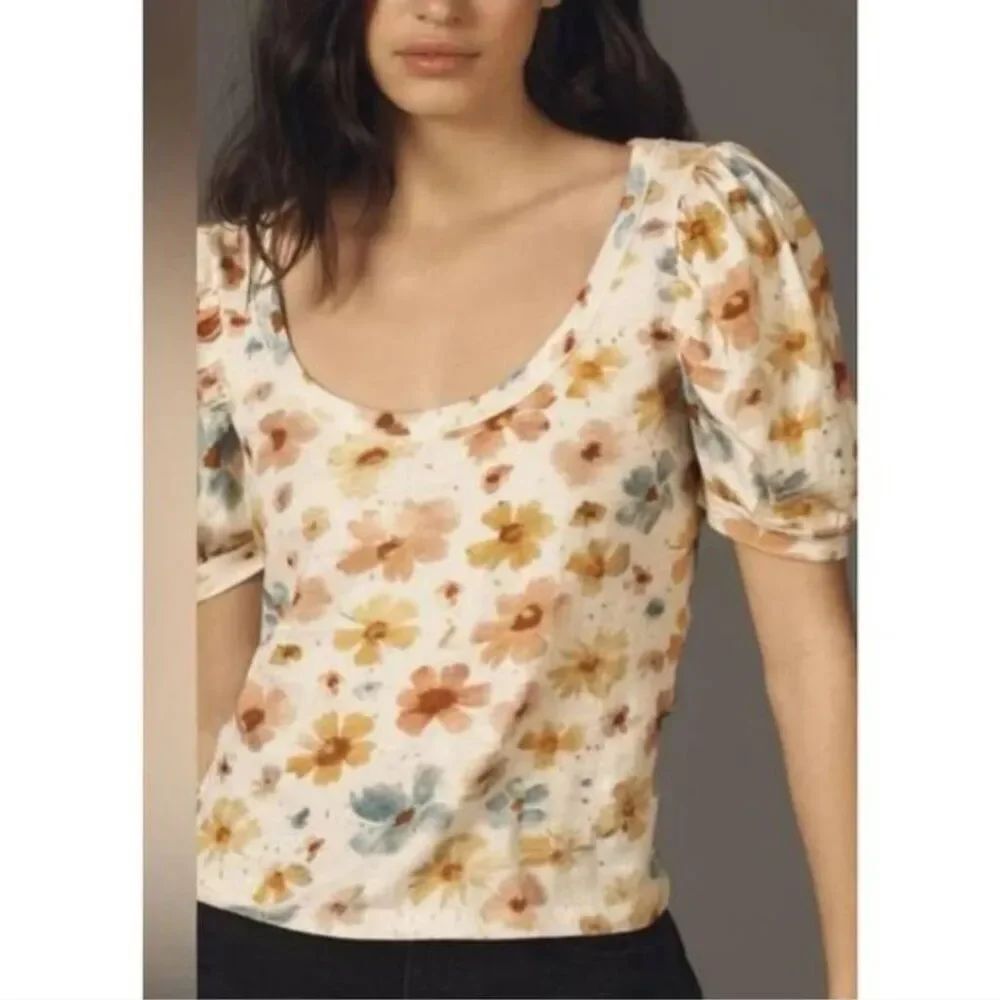 Anthropologie Floral Puff Sleeve Top